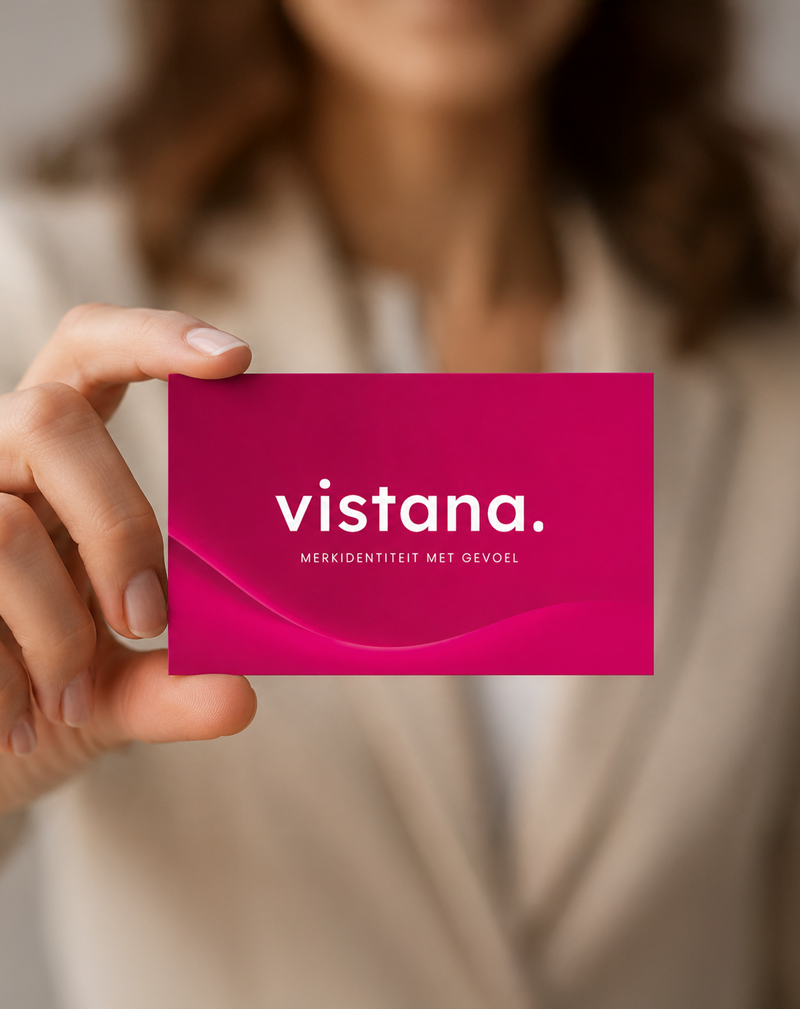Een persoon houdt een magenta kaart met de tekst 'vistana. MERKIDENTITEIT MET GEOEL' voor zich.