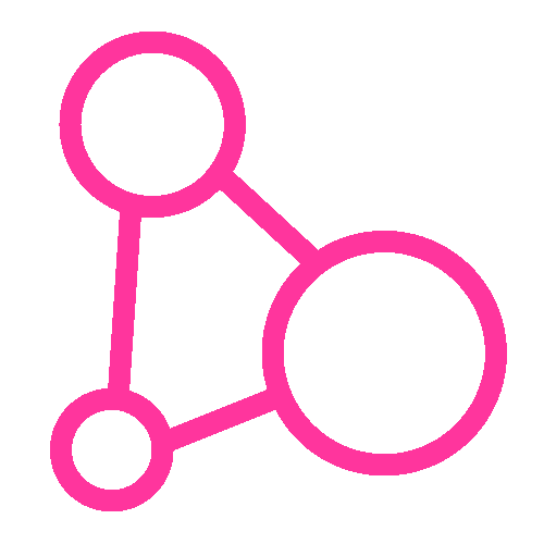 Een diagram of grafiek met drie verbonden cirkels in roze op een zwarte achtergrond.