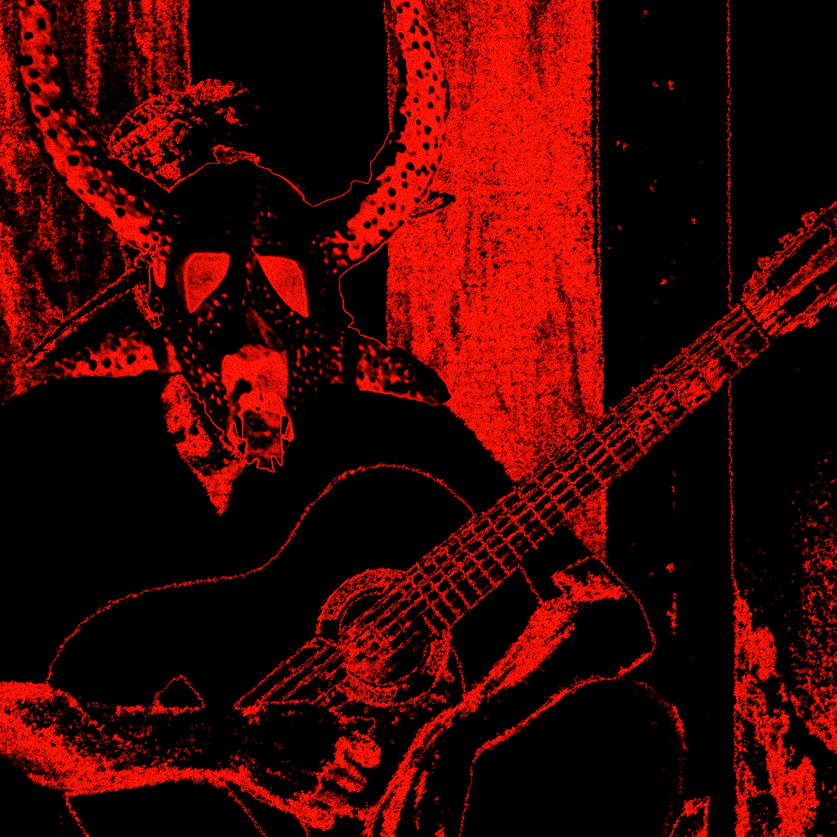 A stylized image of a cow skull with horns, decorated with a spotted pattern, hanging on a wall, with an acoustic guitar leaning beside it.