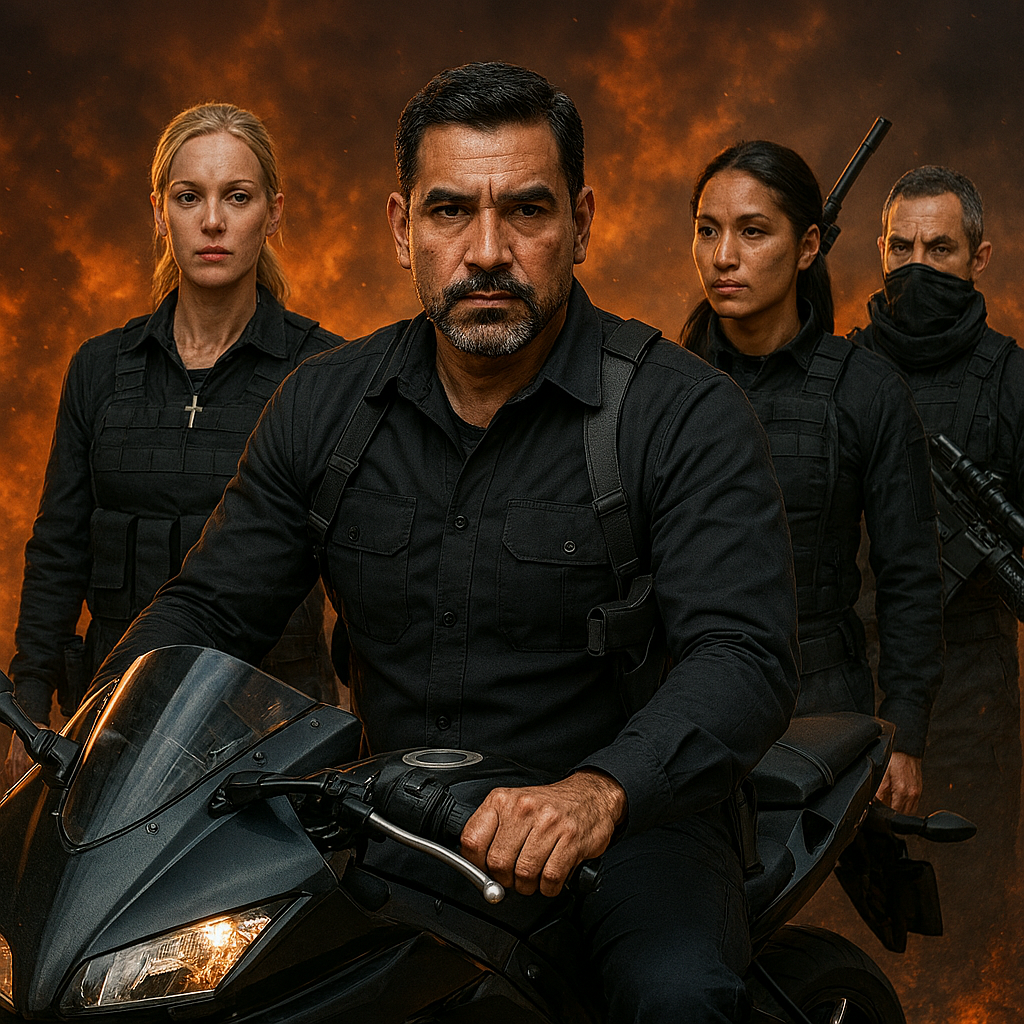 Four people dressed in black tactical gear, with one man on a motorcycle in the forefront, against a fiery background.