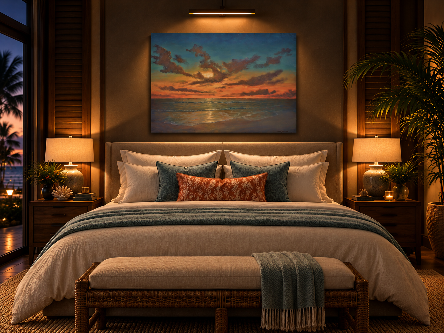 Sunset Reflections by Alan Zawacki in Tropical Bedroom.png