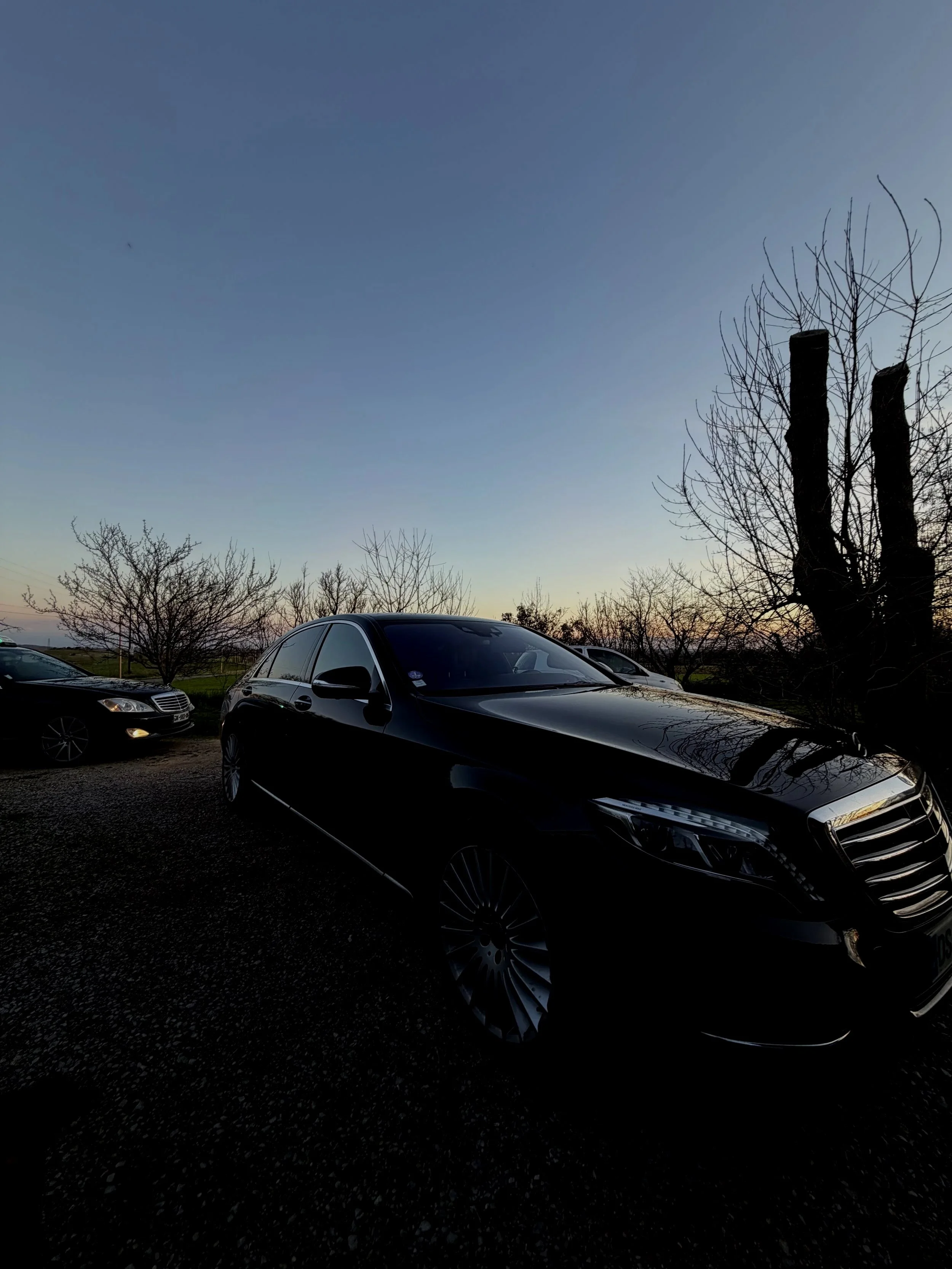 Voiture noire élégante stationnée dehors avec arbres sans feuilles et un ciel clair au crépuscule.
