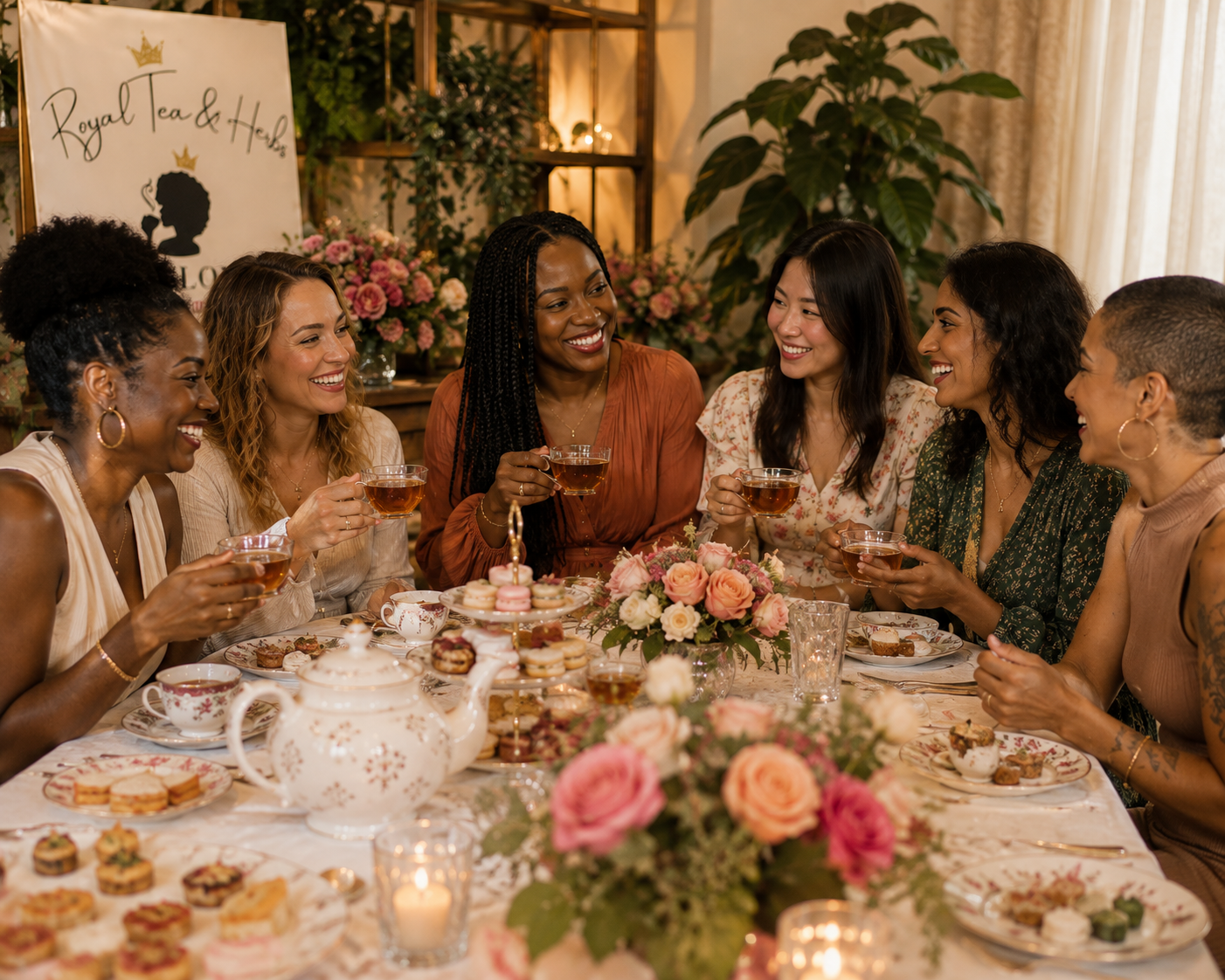 A group of seven women sitting around a table, enjoying tea and snacks, smiling and raising teacups in a toast, with a floral centerpiece and decorative sweets.