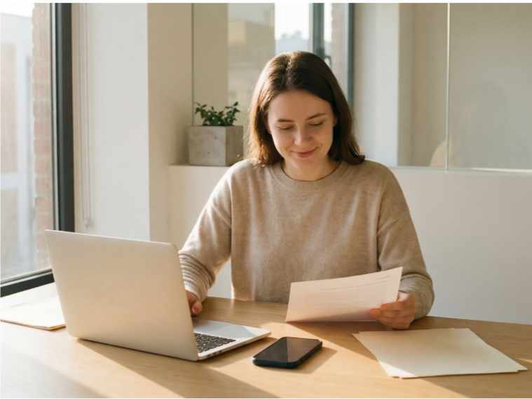 Young woman at a desk working on papers with a laptop and smartphone, near a large window with a city view.