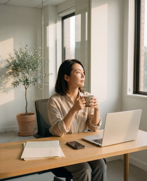 Woman sitting at desk with laptop, holding mug, window with sunlight, potted plant in background.