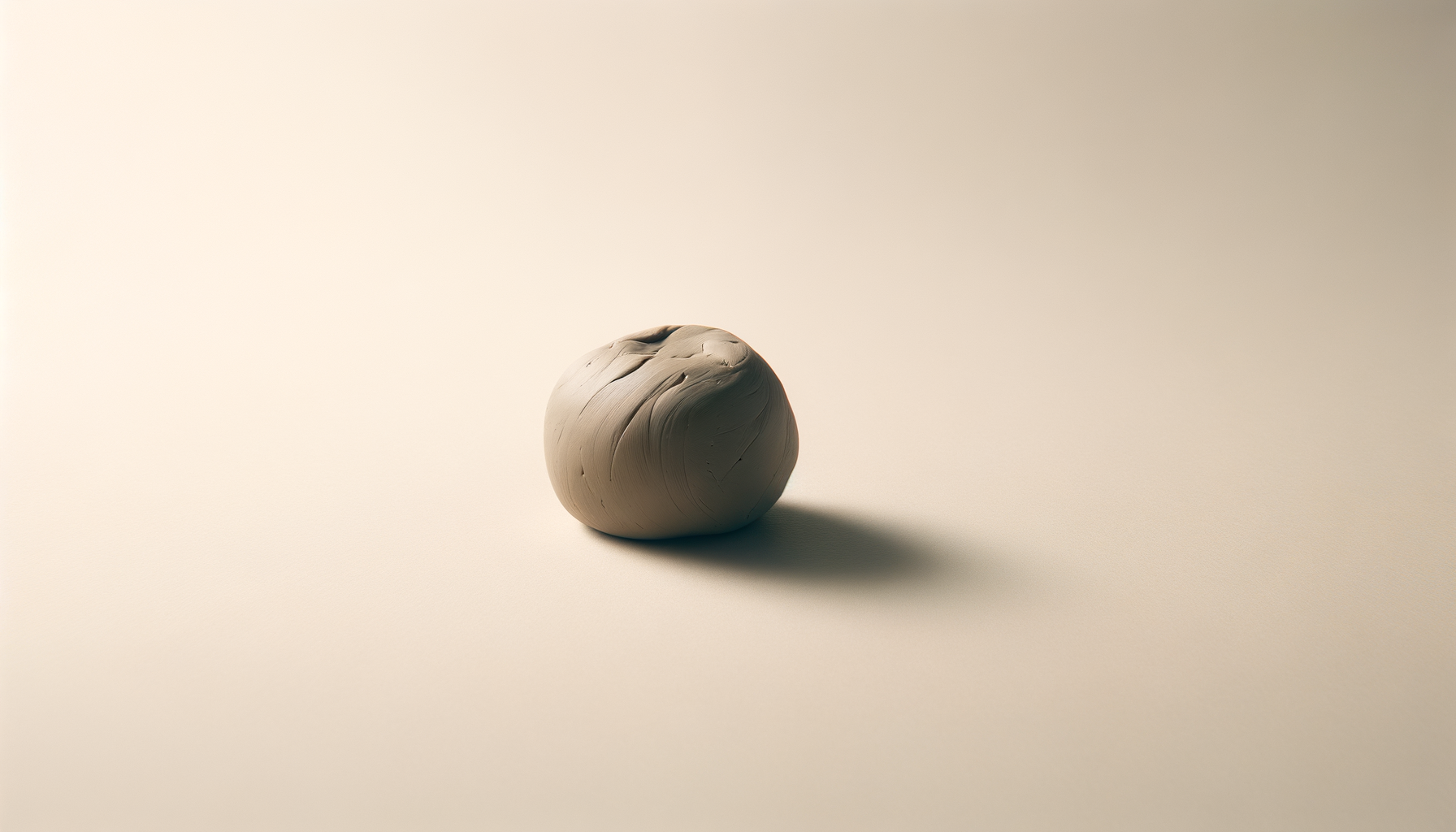 A round, smooth, off-white clay ball on a plain beige surface with a faint shadow.