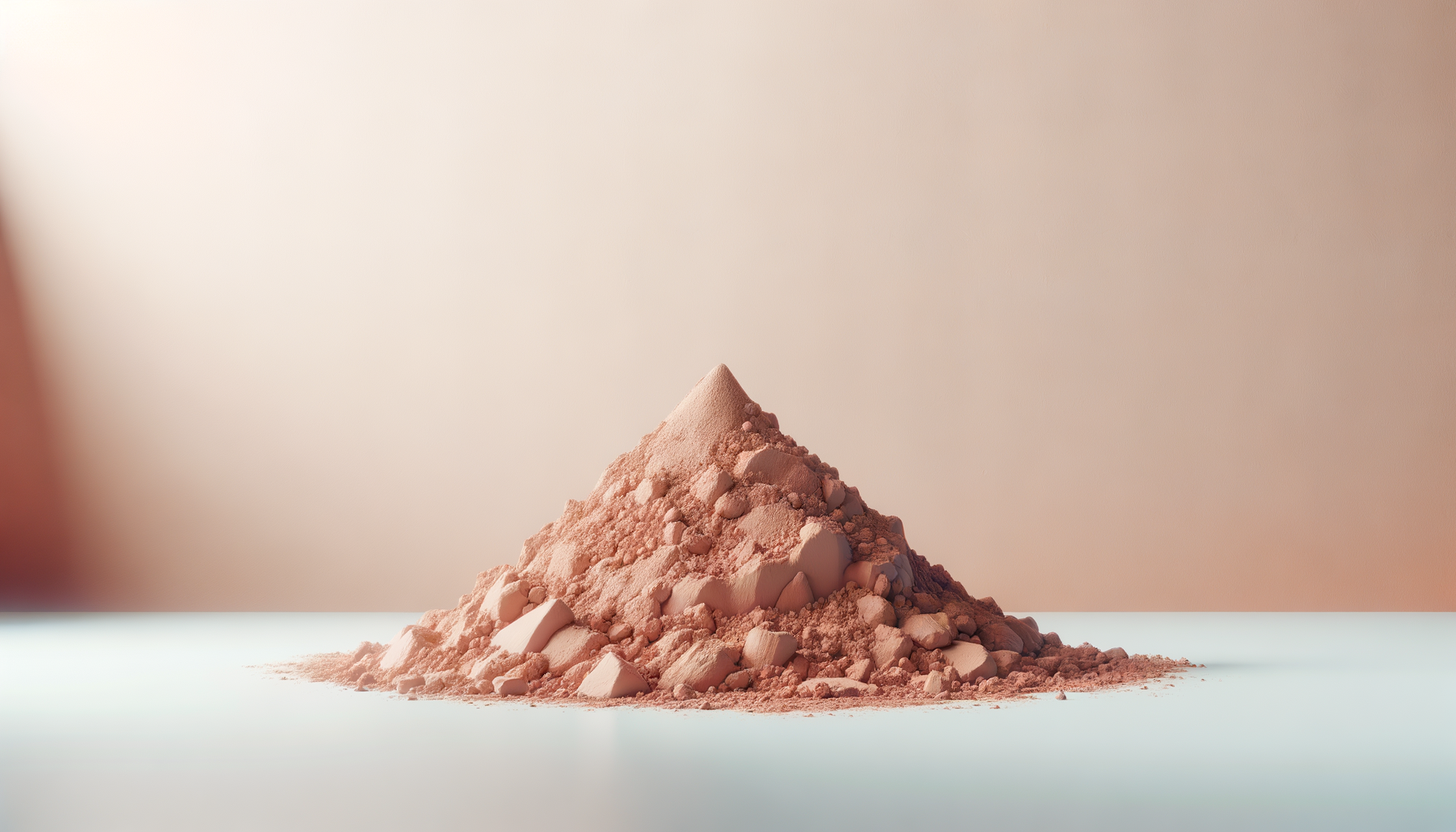 A small pile of light brown powder and rocks on a white surface with a beige background.