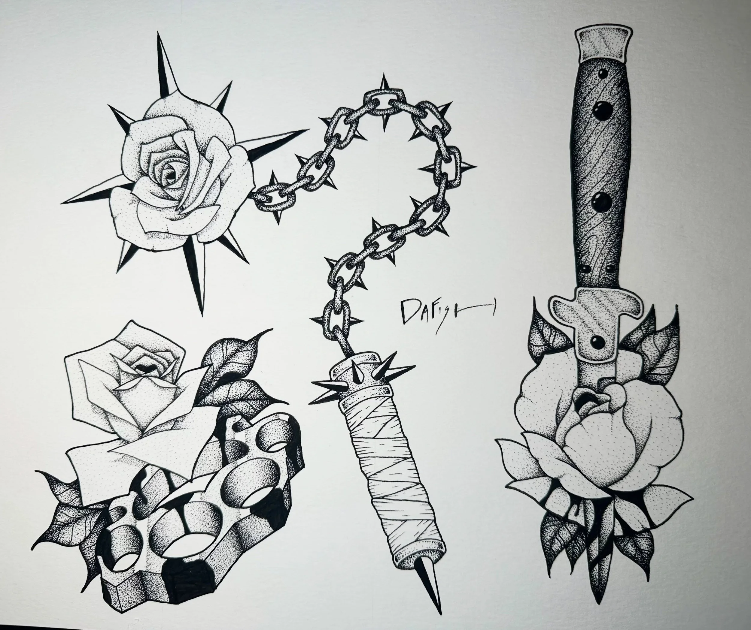 Some rose and weapon flash I finished up yesterday. Lmk if you&rsquo;re interested in any or if you have another idea you want drawn up for your next tattoo! 

#handdrawntattoo #tattooflash #rosetattoo #blackwork #blackworktattoos
