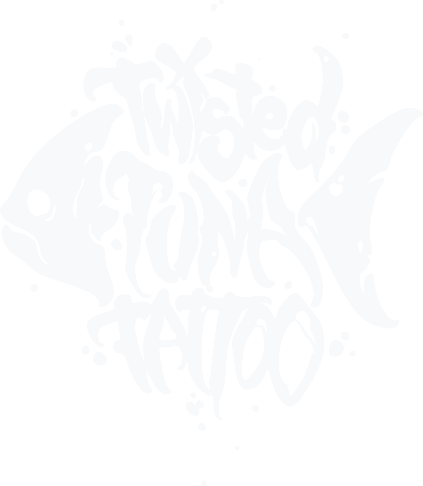A stylized black and white illustration of a fish with graffiti-style text that reads 'Twisted Tuna Tattoo', with splashes and abstract shapes.