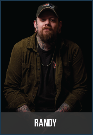 Portrait of a bearded man wearing a cap, dark shirt, and green jacket, sitting against a dark background with a label 'Randy' at the bottom.
