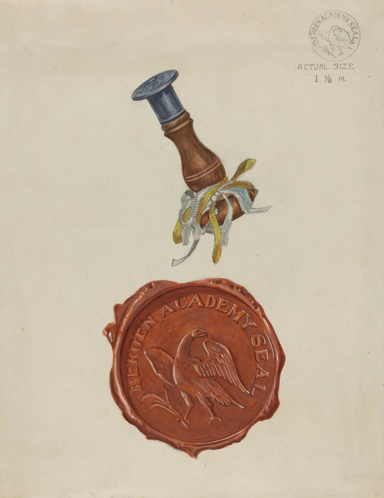 Color illustration depicts a wax seal with a turkey image and surrounding text, and a detailed hand-drawn letter opener with a wooden handle shaped like a turkey, positioned above the seal on a light background.