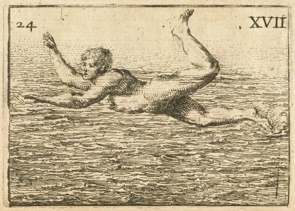 A vintage drawing of a humanoid mermaid with the upper body of a man and the tail of a fish, swimming in the sea, with the number 24 on the top left and Roman numerals XVII on the top right.