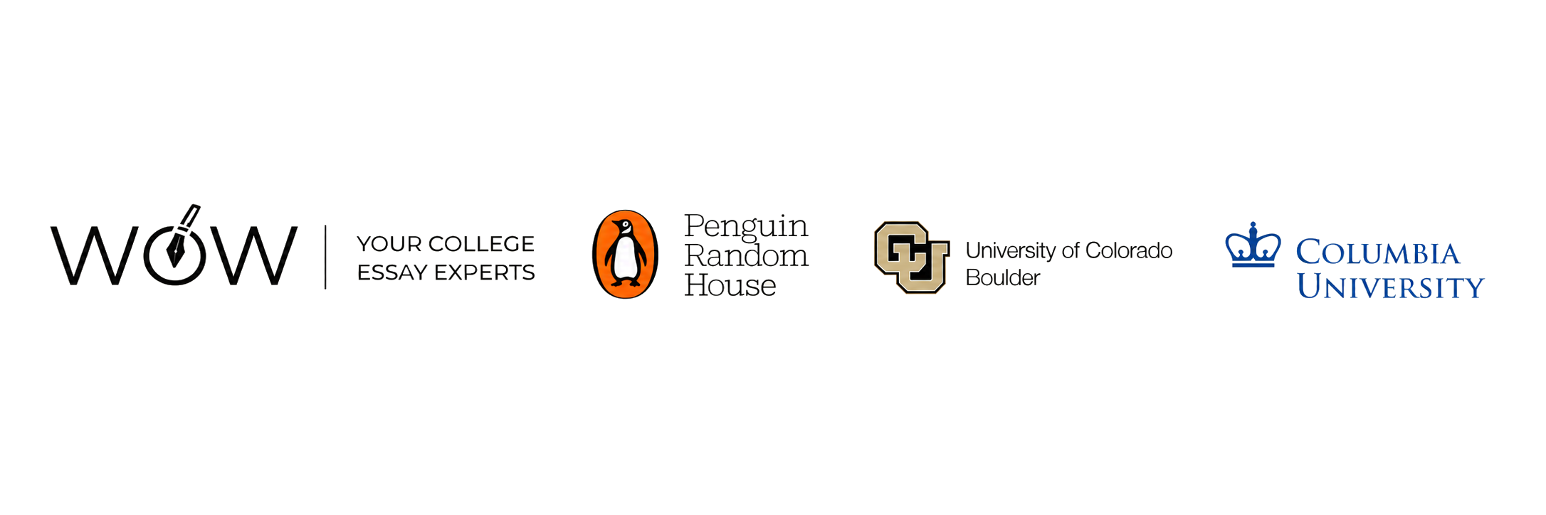 A horizontal banner with logos and text promoting college essay help and universities, including WOW, Penguin House, University of Colorado Boulder, and Columbia University.