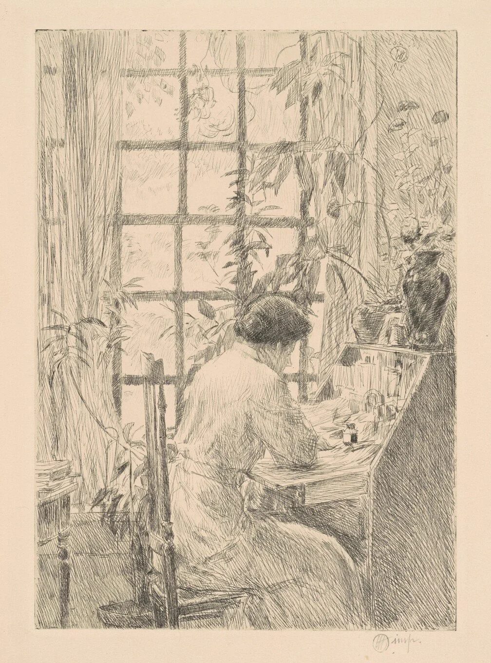 A person sitting at a desk, reading or writing, surrounded by plants and shelves with vases and books, near a window with panes.