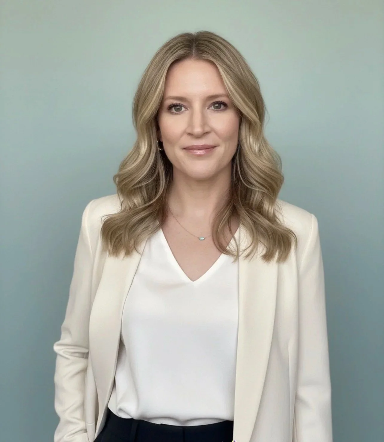 A woman with wavy blonde hair, wearing a white blazer over a white blouse, and a delicate necklace, standing against a plain, light background.