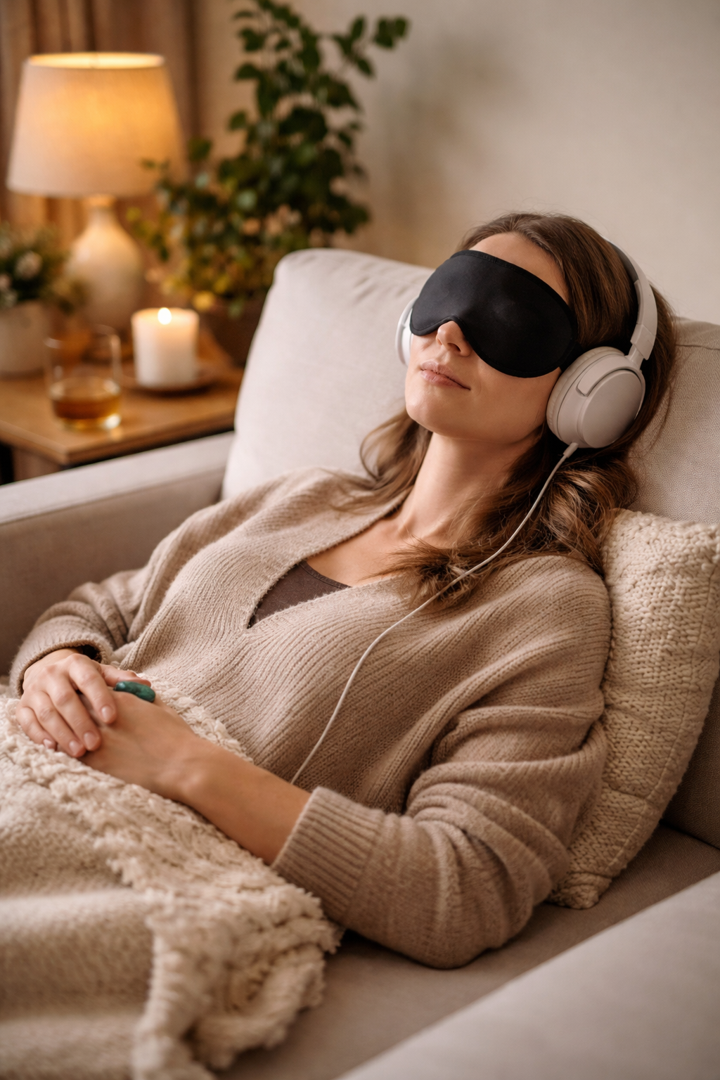 A woman is relaxing on a couch with a sleep mask, headphones, and a remote control, in a cozy living room setting.