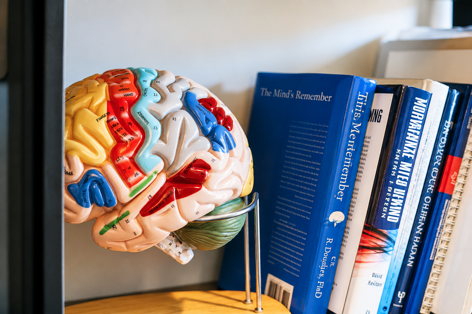 Colorful human brain model on a stand next to a row of blue and white medical books or textbooks.