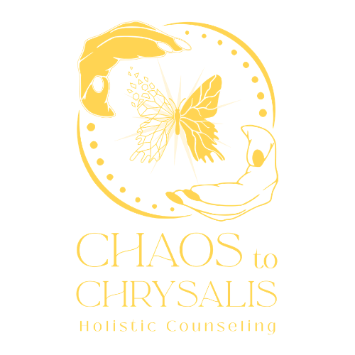A logo with a crescent moon, butterfly, and hands around a clock face, with the text 'Chaos to Chrysalis Holistic Counseling' in gold on a black background.