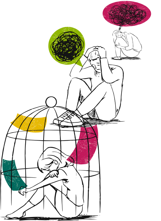 Illustration of a person sitting inside a globe-like structure with colored sections, with a second person sitting outside the globe, also thinking, with colored thought clouds above their heads.