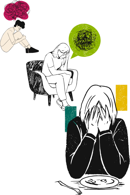 Illustration of two women feeling overwhelmed, with thought bubbles containing chaotic scribbles; one woman is sitting with her head in her hands, and the other is lying propped up with her arm on the table, engaging in phone use.