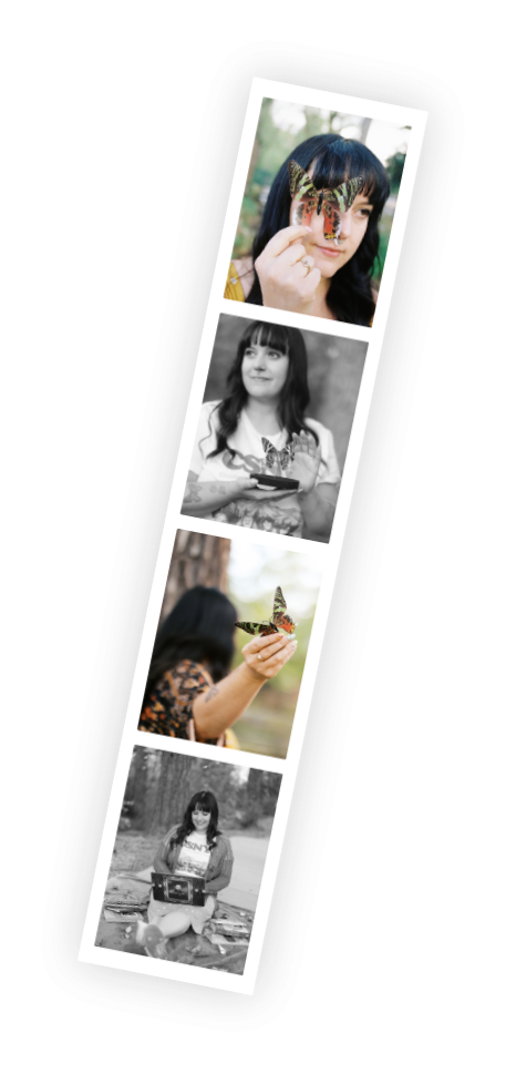 A vertical collage of four photos of a woman with dark hair and bangs, holding butterflies in different settings; the top photo shows her holding a butterfly close to her eye, the second in black and white shows her smiling with butterflies on her hands, the third is in color showing her holding a butterfly, and the bottom photo in black and white depicts her sitting outdoors with a box.