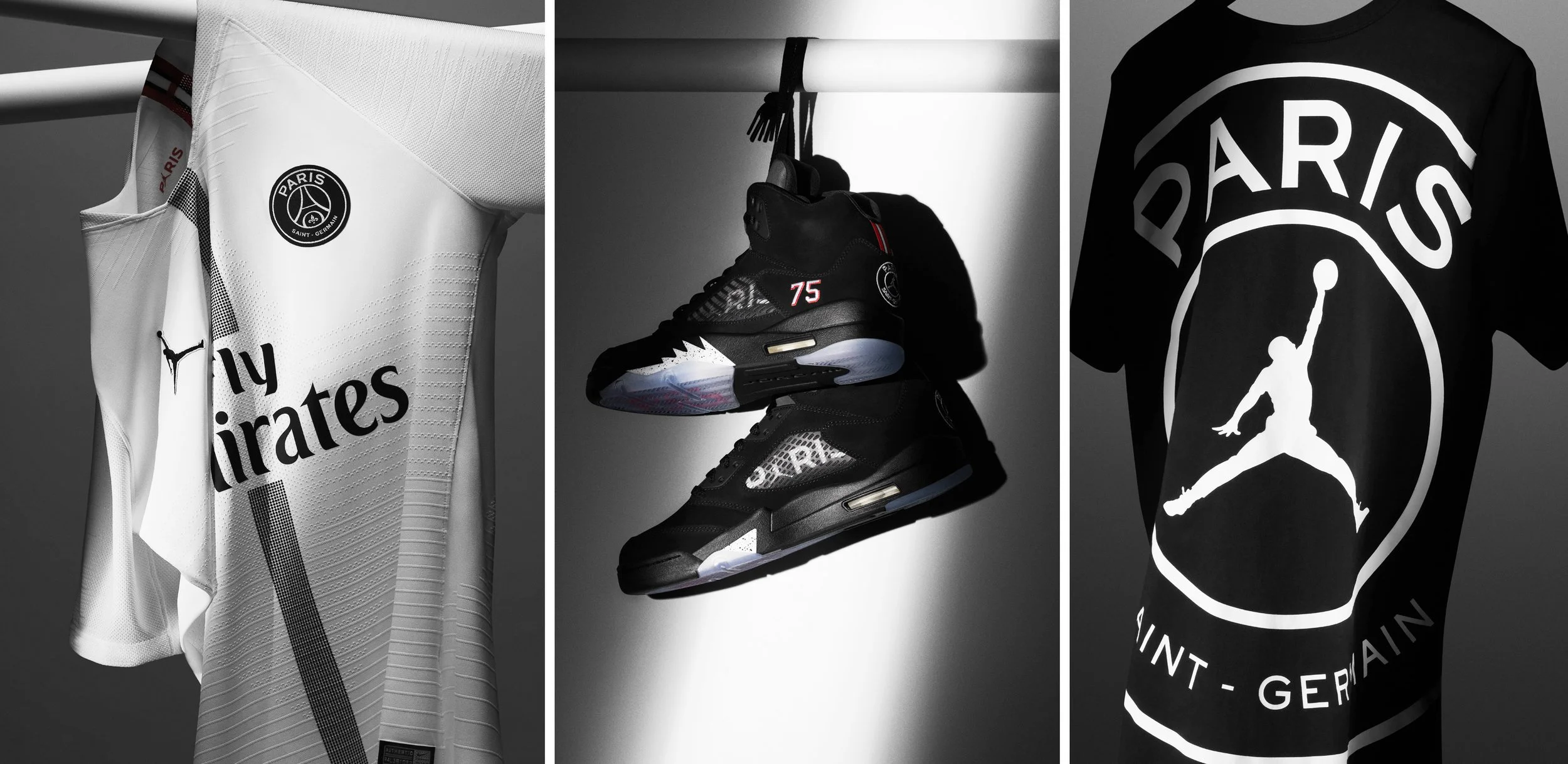 a triptych of a soccer jersey, pair of sneakers, and a black tee shirt