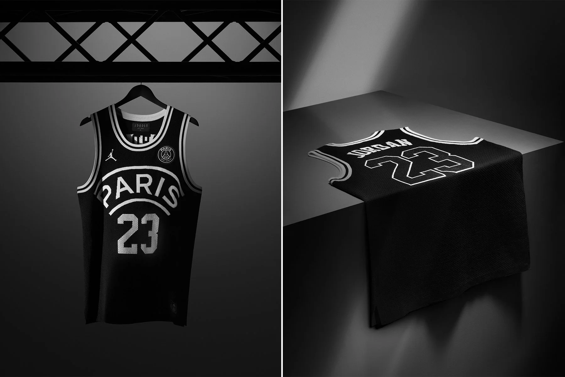 black Michael Jordan jersey hanging from a truss rail