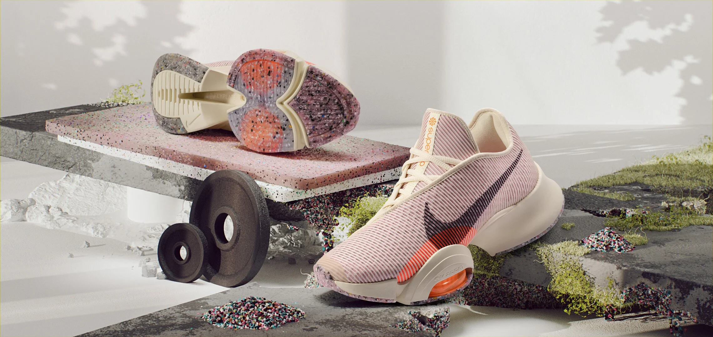 nike sneakers in front of various materials