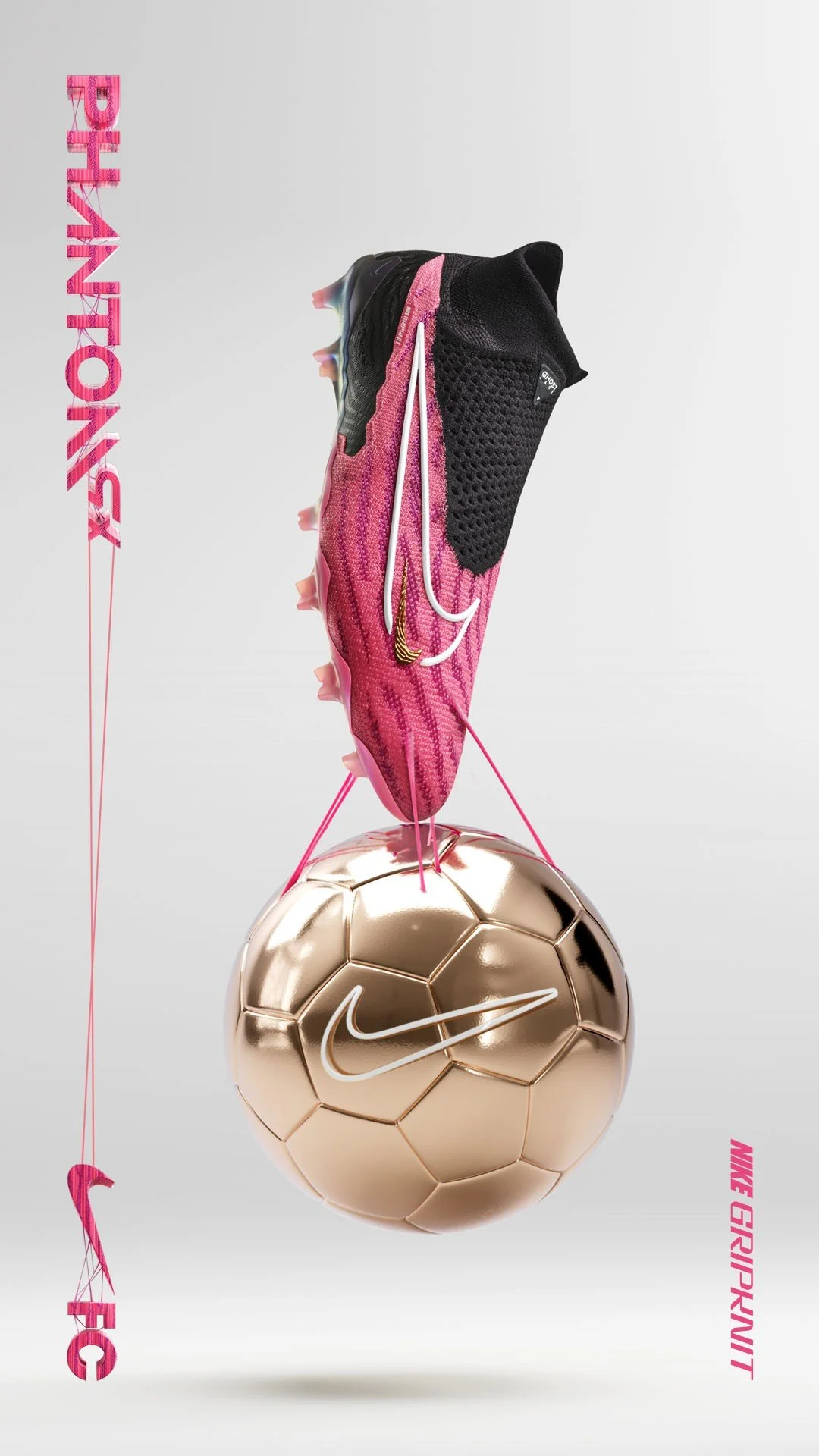 pink and black nike soccer cleat with gold soccer ball  hanging below it