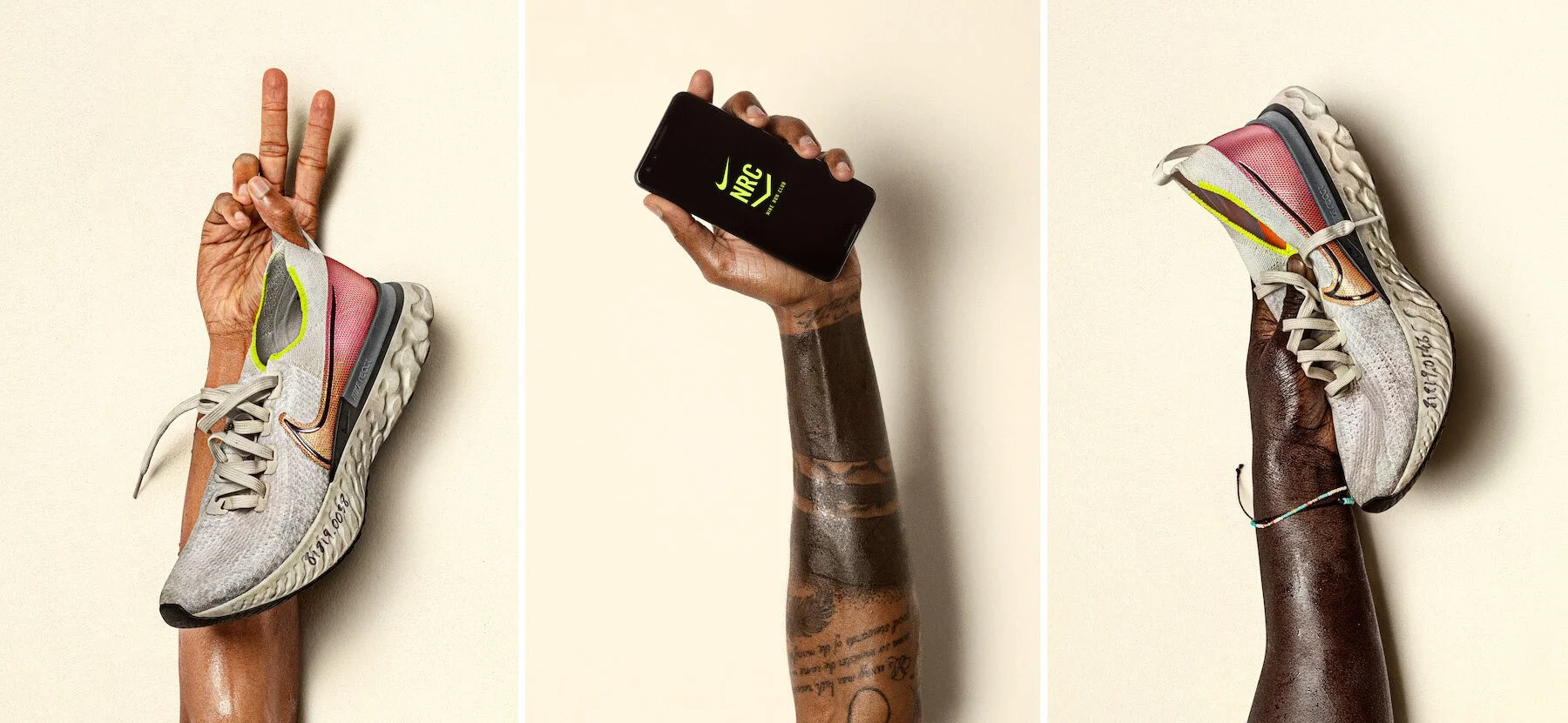 Three different arms, two holding Nike shoes, and one holding a cellphone with the Nike running app open