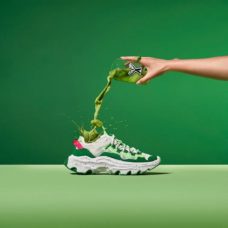 matcha being poured into green sneaker