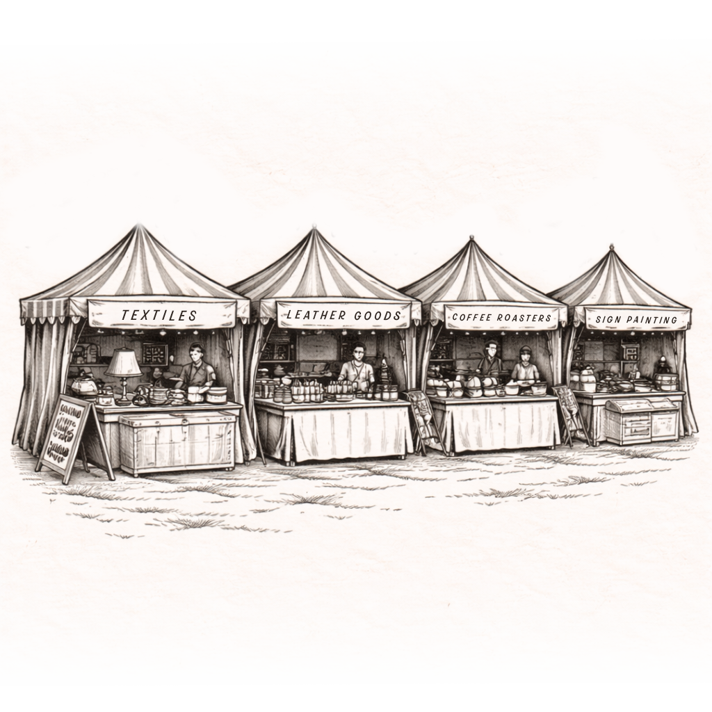Vintage illustration of a market with four tents selling textiles, leather goods, coffee, and sign painting, with vendors standing behind their booths.
