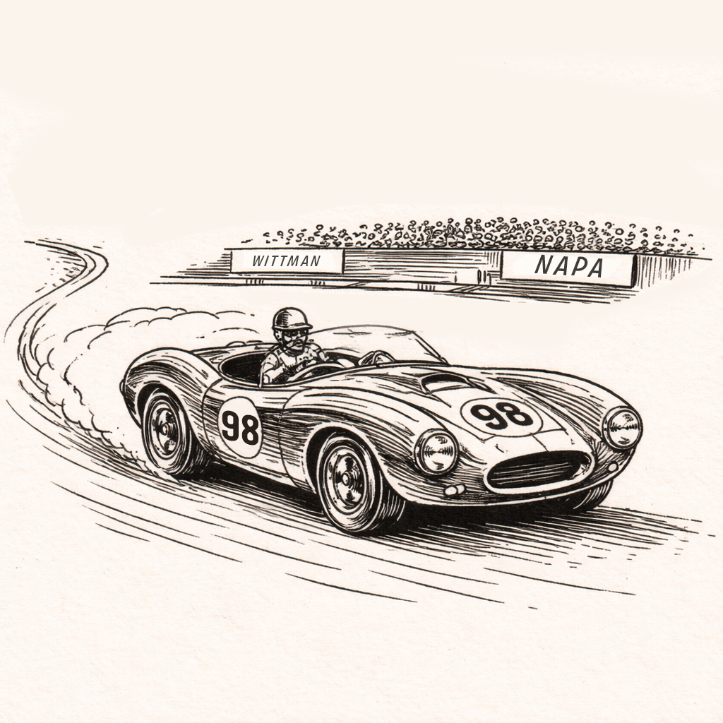 Drawing of a vintage race car with the number 98 driven by a driver in a helmet, racing on a track with the signs 'Wittman' and 'Napa' in the background.