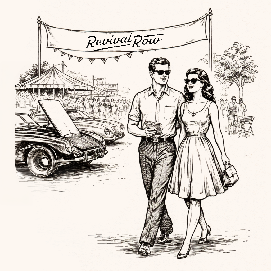 A vintage-style illustration of a couple walking at an outdoor event called Revival Row, with classic cars parked and a crowd in the background.