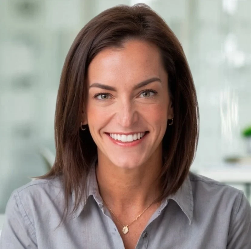 A woman with shoulder-length brown hair smiling, wearing a gray shirt and a gold necklace, in a bright indoor setting.
