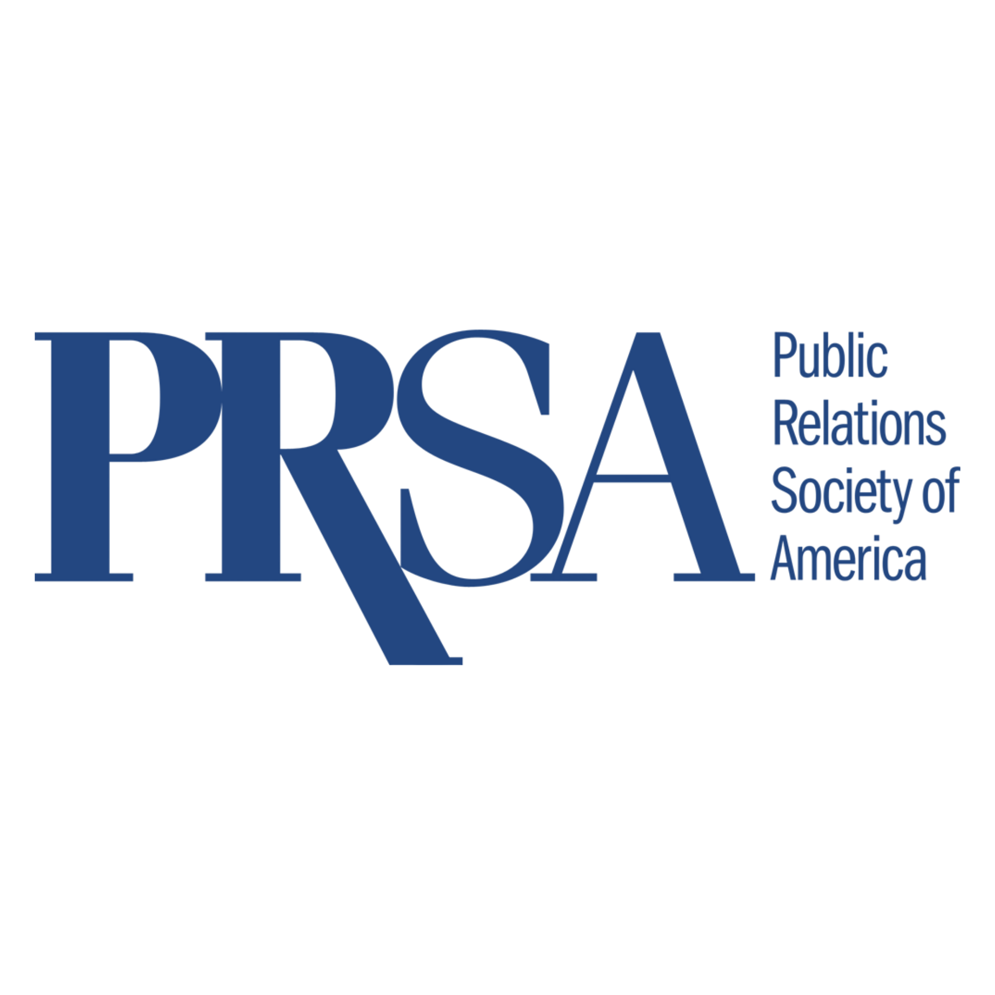 Logo of the Public Relations Society of America, featuring the acronym PRSA in large blue letters and smaller text stating 'Public Relations Society of America' on a black background.