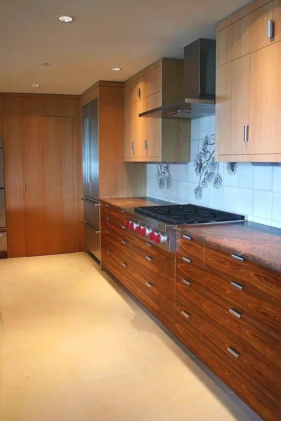 Kitchen with wooden cabinets, a stove with red knobs, a range hood, and a tiled backsplash with a leaf pattern.