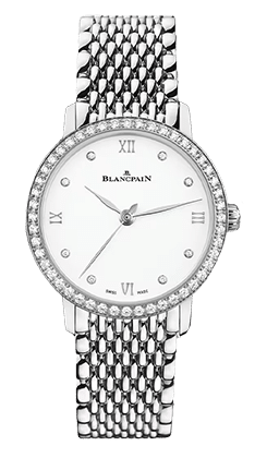 Elegante Blancpain-Armbanduhr mit weißem Zifferblatt, römischen Ziffern, Diamantlünette und silbernem Metallarmband