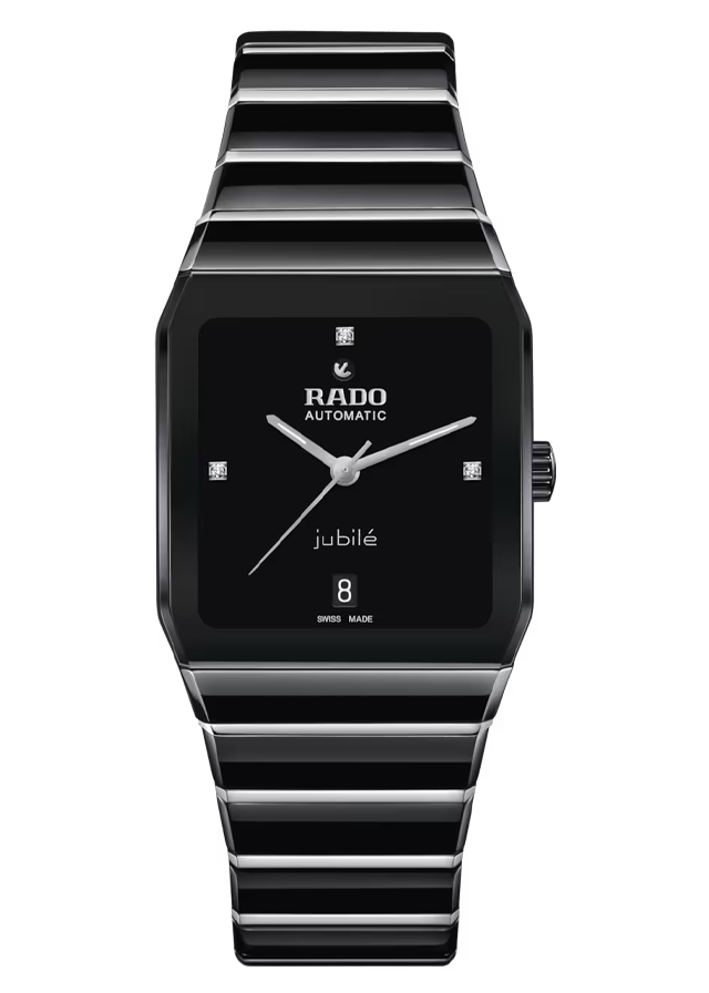 Schwarze Rado-Jubilé-Automatikuhr mit rechteckigem Zifferblatt und Metallarmband