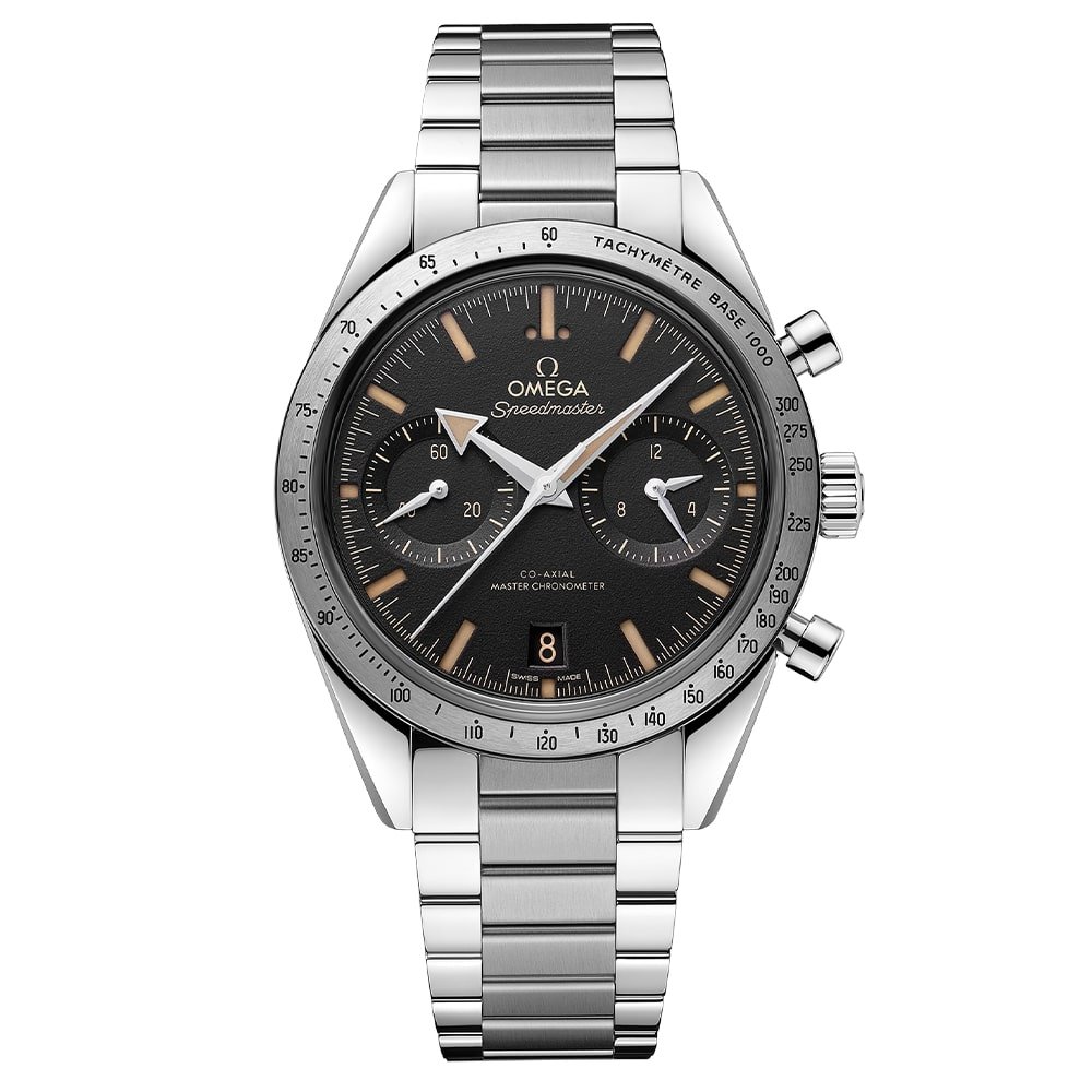 Omega Speedmaster Chronograph mit schwarzem Zifferblatt, Tachymeterlünette und Edelstahlarmband