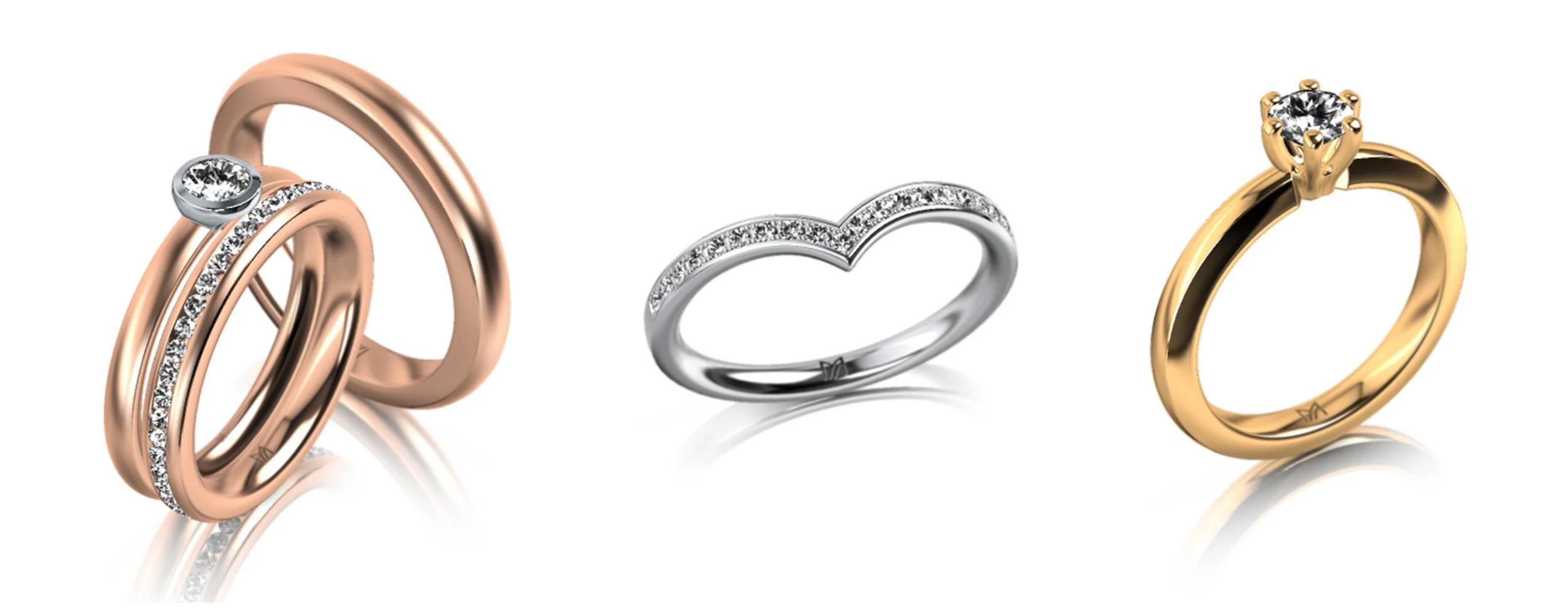 Drei elegante Diamantringe aus Rosé-, Weiß- und Gelbgold auf weißem Hintergrund
