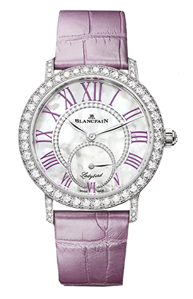 Blancpain Damenuhr mit rosafarbenem Lederarmband, diamantbesetzter Lünette und römischen Ziffern