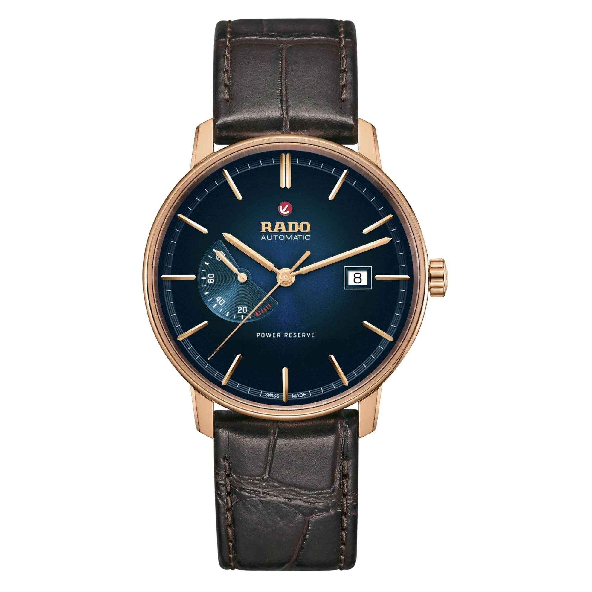 Rado Automatikuhr mit blauem Zifferblatt, roségoldfarbenem Gehäuse, schwarzem Lederarmband, Datumsanzeige und Gangreserveanzeige