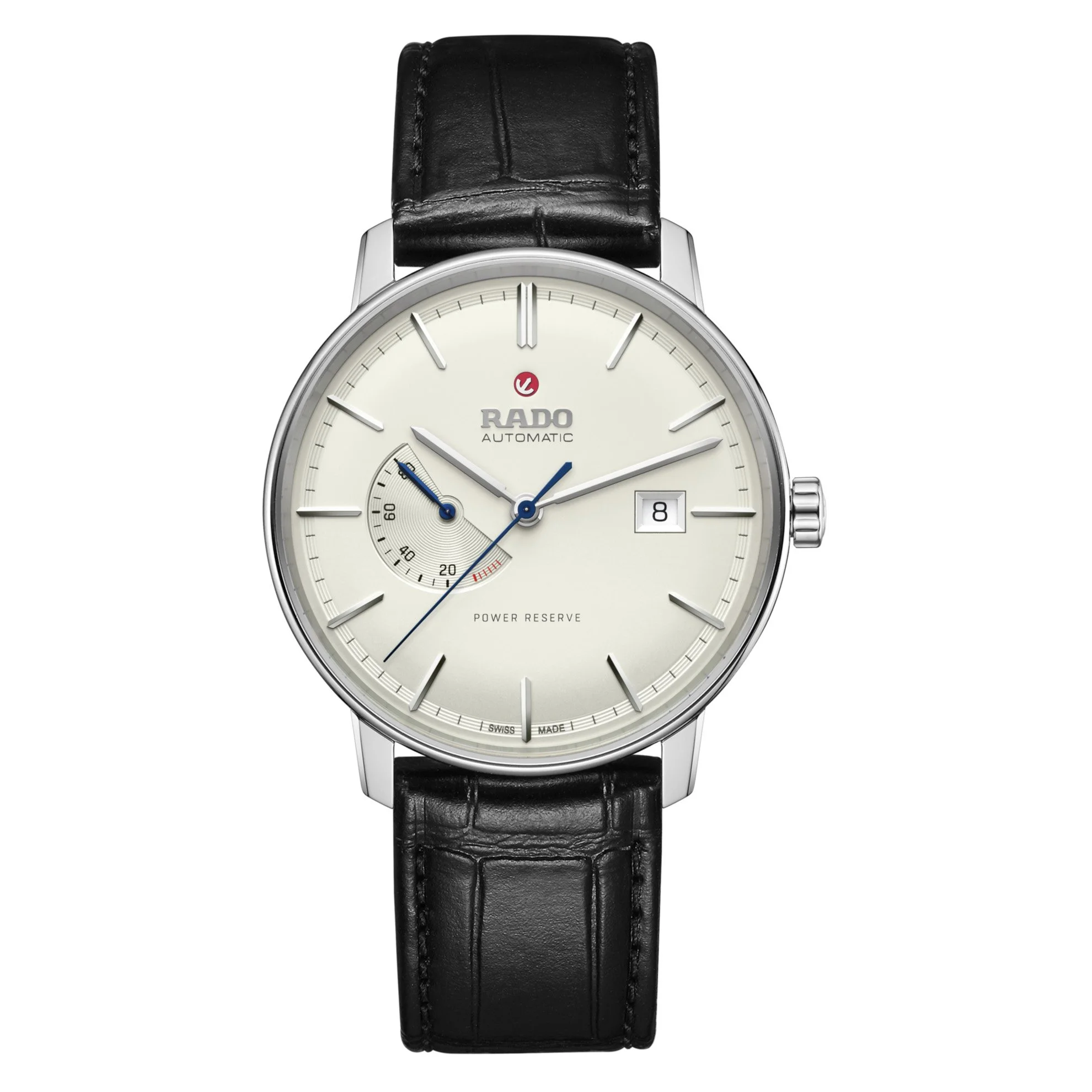 Rado Automatikuhr mit silbernem Gehäuse, weißem Zifferblatt, Gangreserveanzeige, Datumsfenster und schwarzem Lederarmband