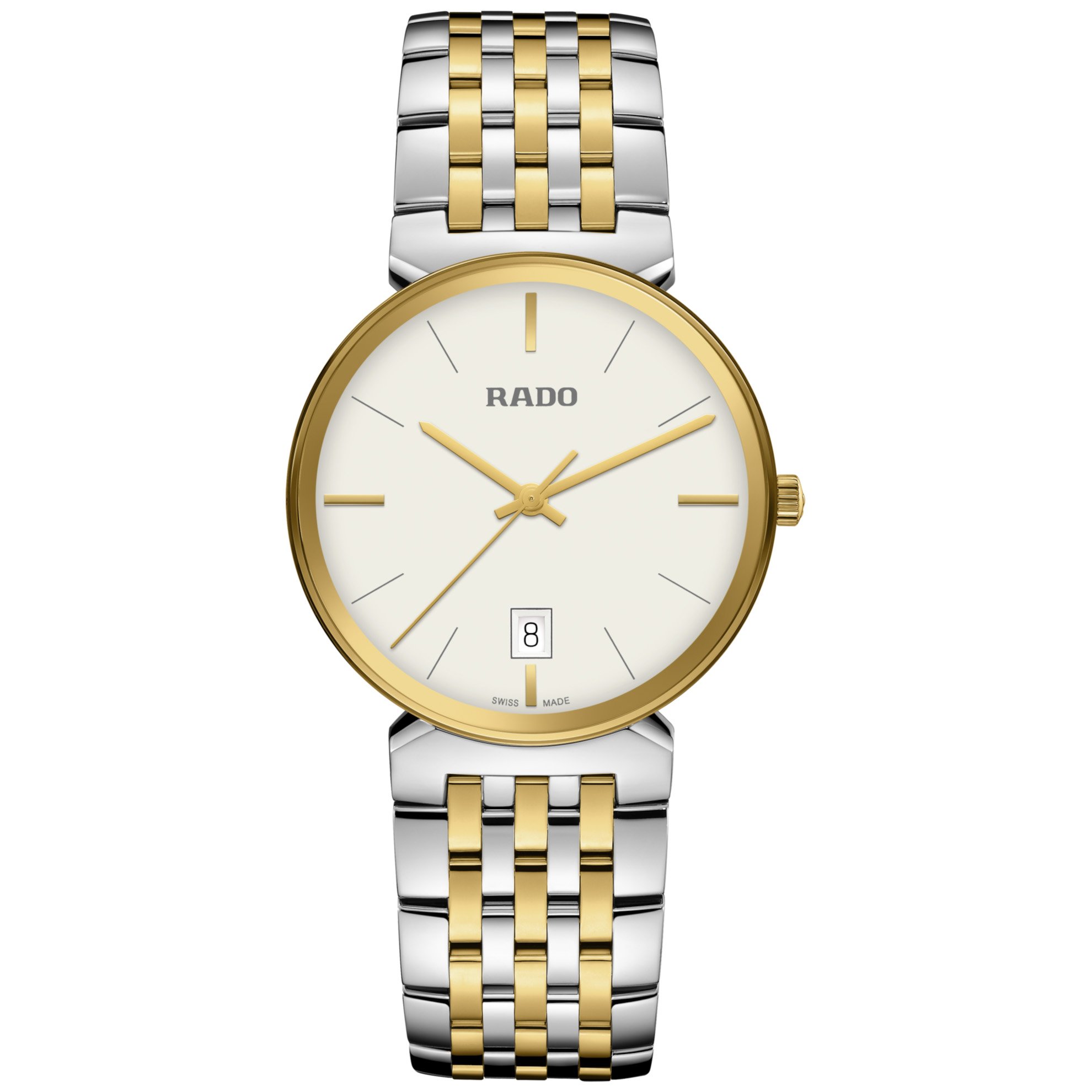 Rado Swiss Made Armbanduhr mit weißem Zifferblatt, goldfarbenem Gehäuse und zweifarbiger Edelstahlarmband aus Silber und Gold