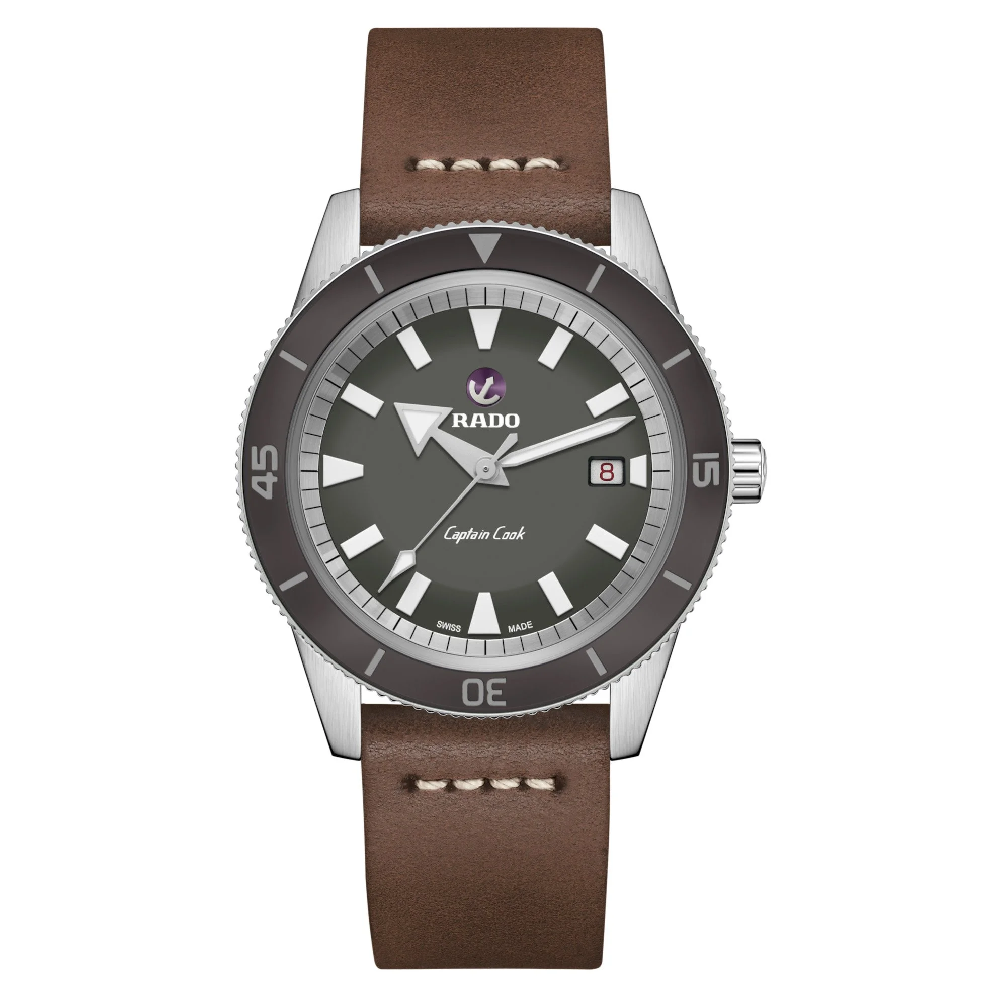 Rado Captain Cook Taucheruhr mit grauem Zifferblatt, braunem Lederarmband und Datumsanzeige