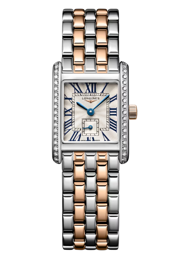 Longines Damenuhr mit rechteckigem Zifferblatt, römischen Zahlen, Diamantlünette und zweifarbigem Edelstahlarmband