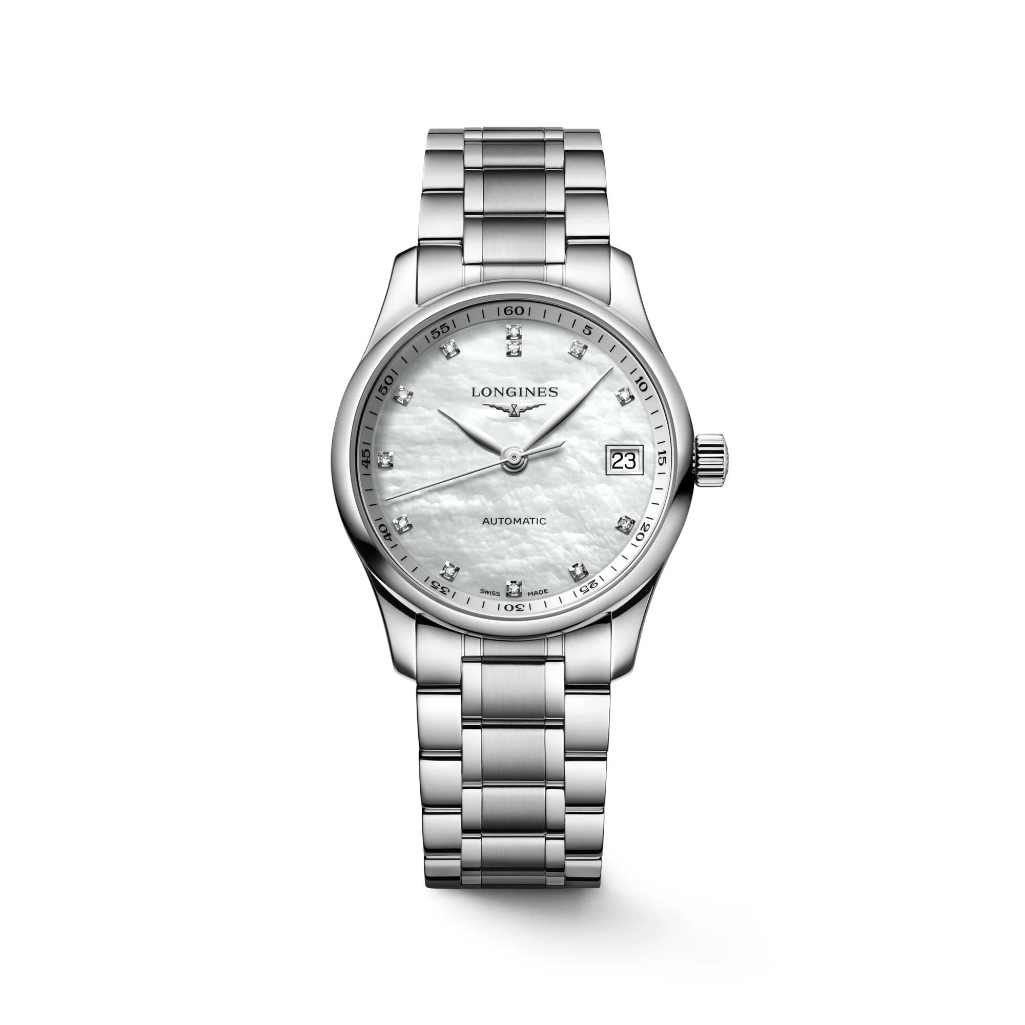 Silberne Longines-Automatikarmbanduhr mit Perlmuttzifferblatt, Diamantindizes und Datumsanzeige