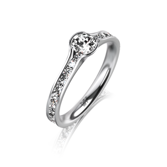 Eleganter Ring aus Weißgold mit rundem Diamanten und seitlich besetzter Diamantreihe