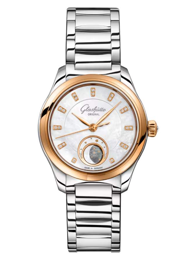 Glashütte Original Damenuhr aus Edelstahl und Roségold mit Perlmuttzifferblatt, Diamantindizes und Mondphasenanzeige